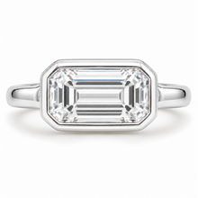 Load image into Gallery viewer, Emerald Cut Engagement Ring - Rubover set East-West