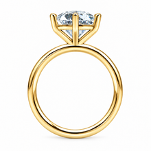 Load image into Gallery viewer, A yellow gold solitaire engagement ring featuring a round brilliant-cut clear gemstone in a six-prong setting, shown against a plain white background.
