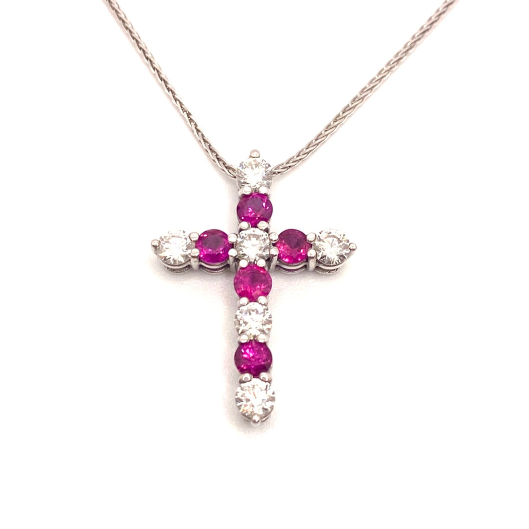 Ruby Diamond Cross Pendant set in 18ct White Gold