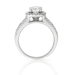Round Brilliant Cut Dress Ring - Diamond Halo & Three Row Diamond Shoulders