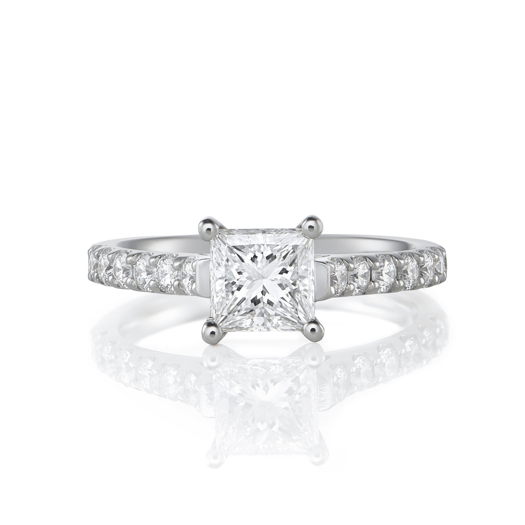 Platinum Engagement Ring 1.45ct Princess Cut - Diamond Shoulders