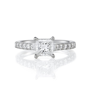 Platinum Engagement Ring 0.96ct Princess Cut - Diamond Shoulders