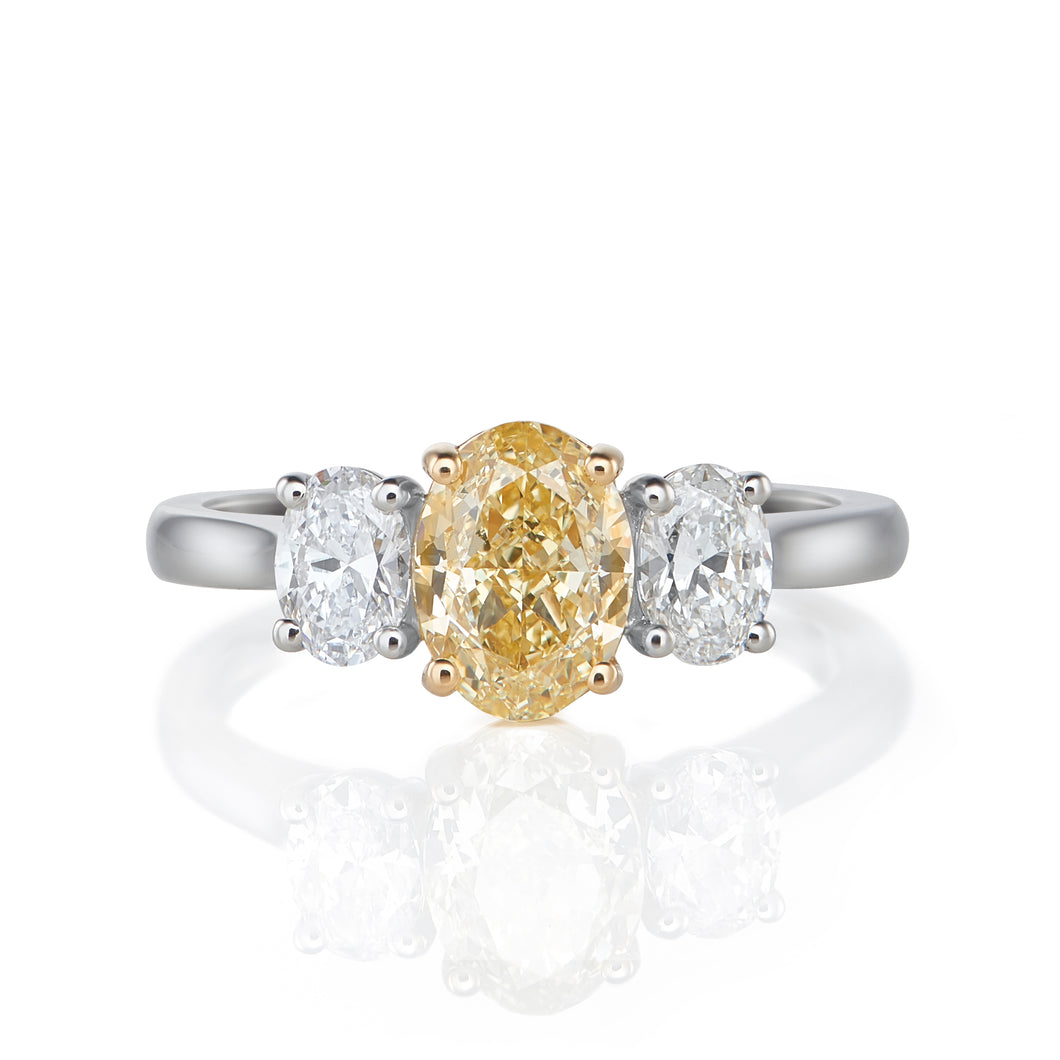 Oval Three Stone Ring - Fancy Yellow Diamond