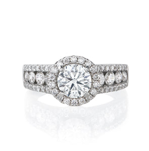 Round Brilliant Cut Dress Ring - Diamond Halo & Three Row Diamond Shoulders