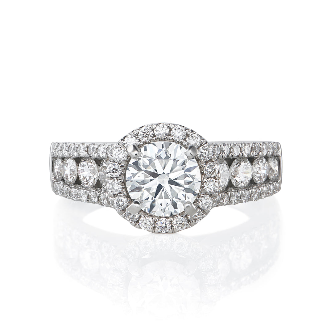 Round Brilliant Cut Dress Ring - Diamond Halo & Three Row Diamond Shoulders